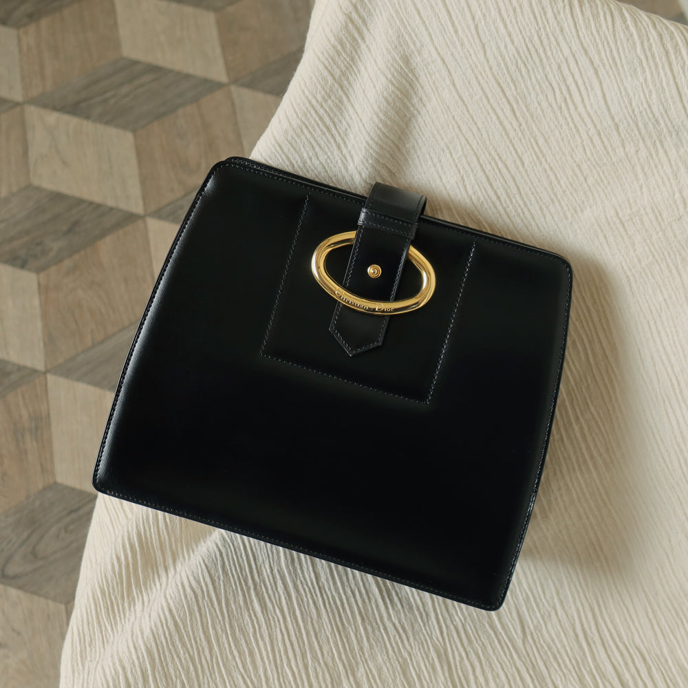 Christian Dior Vintage Black Calfskin CD Gold Ring Kiss lock 2way Shoulder Bag