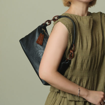 Chanel Vintage Black Caviar Leather Wood-resin Hobo Coco Mark Shoulder Bag S