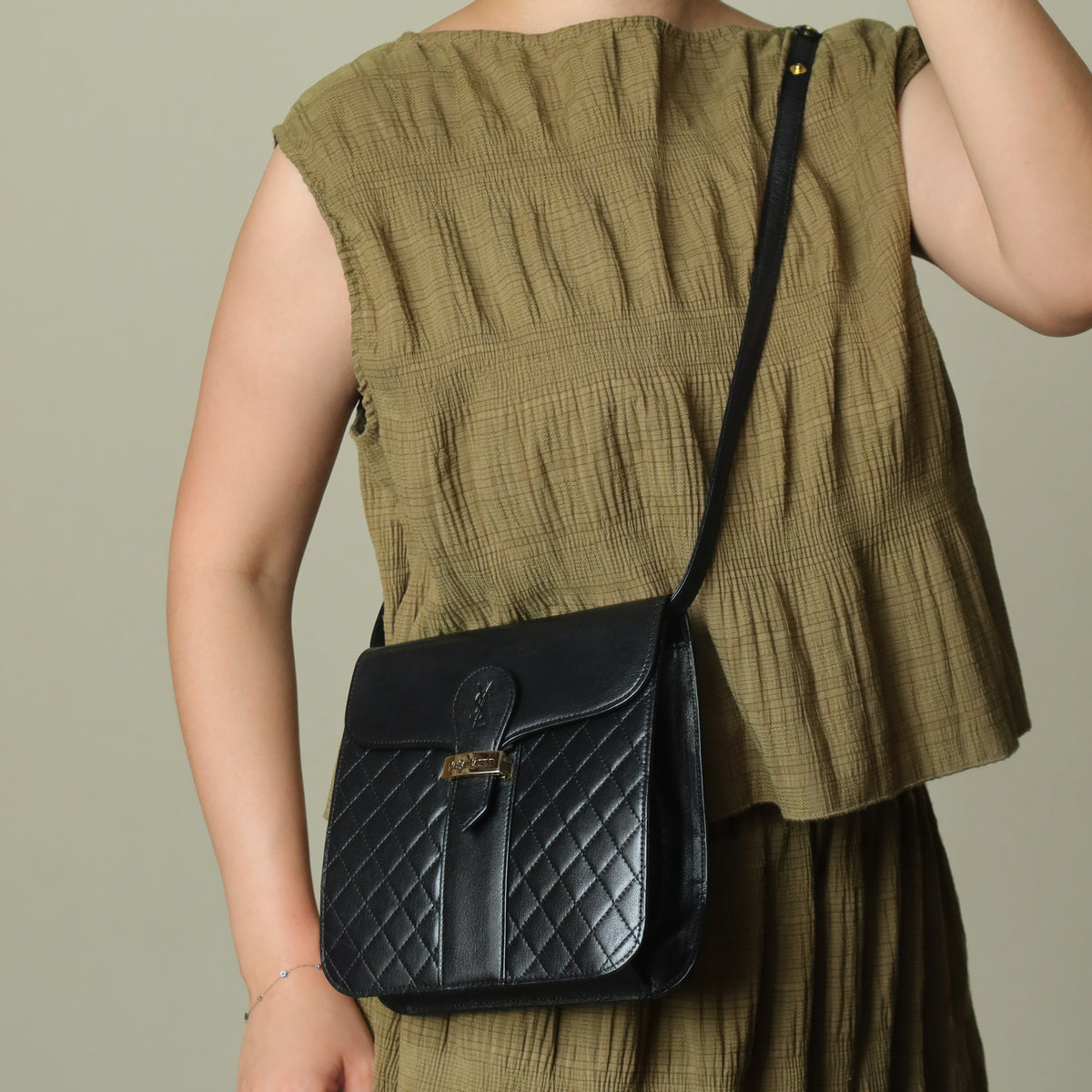 Yves Saint Laurent YSL Vintage Black Leather Quilted Gold Buckle Shoulder Flap bag S