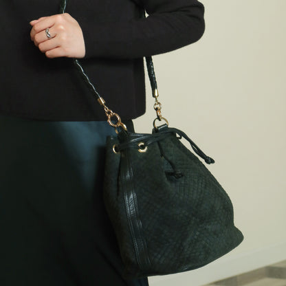 Bottega Veneta Vintage Dark Green Intrecciato Weave Braided Strap Bucket Bag