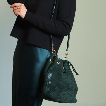 Bottega Veneta Vintage Dark Green Intrecciato Weave Braided Strap Bucket Bag