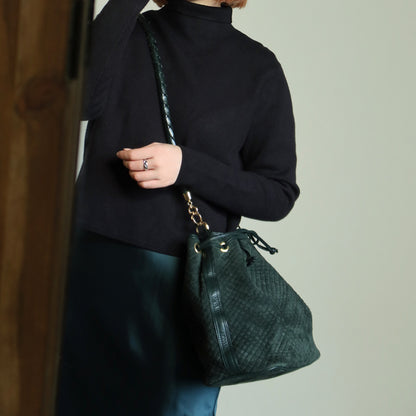 Bottega Veneta Vintage Dark Green Intrecciato Weave Braided Strap Bucket Bag