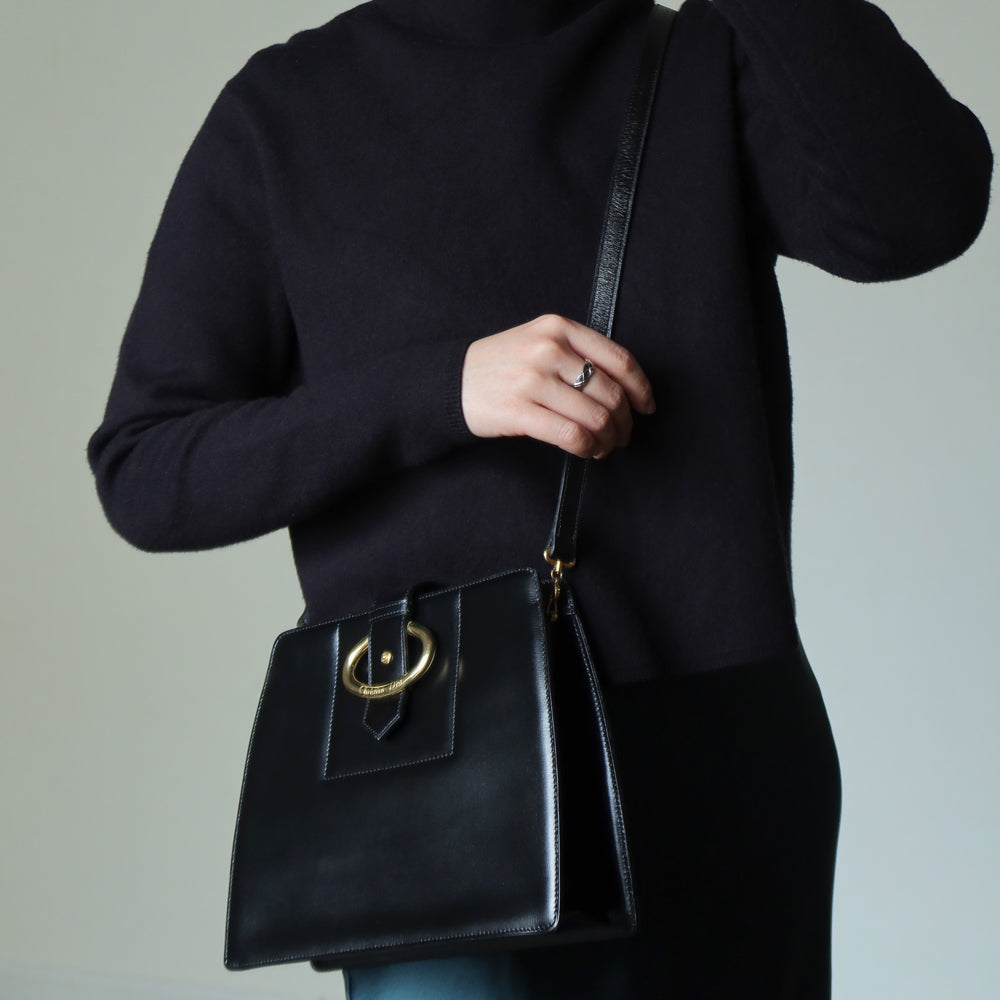 Christian Dior Vintage Black Calfskin CD Gold Ring Kiss lock 2way Shoulder Bag