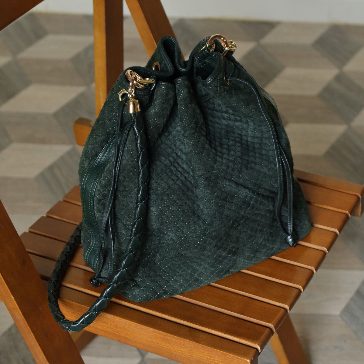 Bottega Veneta Vintage Dark Green Intrecciato Weave Braided Strap Bucket Bag
