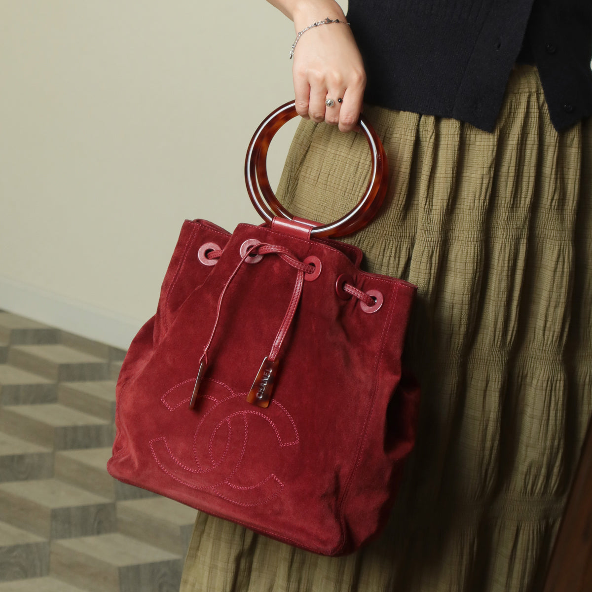 Chanel Vintage Auburn Red Suede Draw string Stitched CC Tortoiseshell Weekend Bag