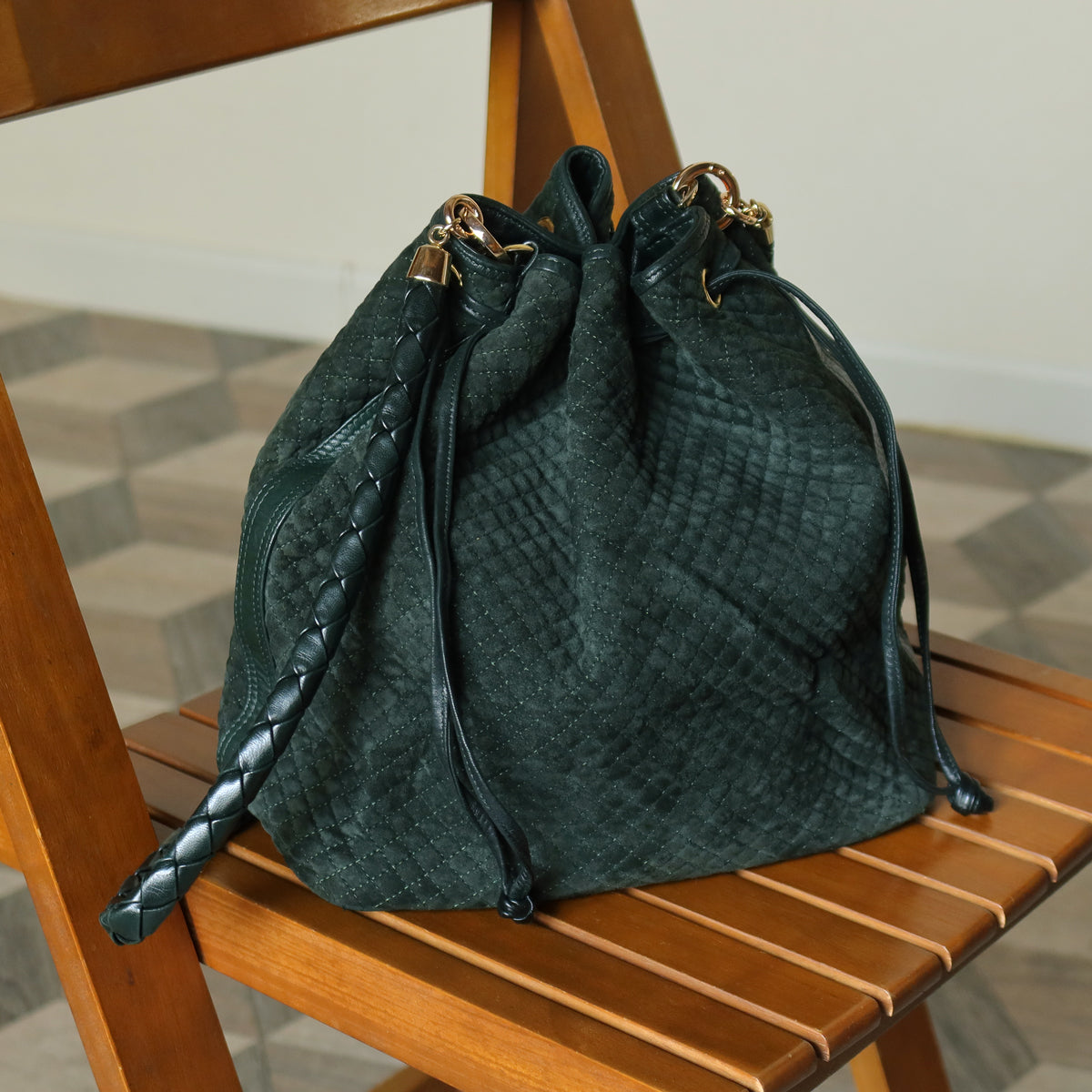 Bottega Veneta Vintage Dark Green Intrecciato Weave Braided Strap Bucket Bag