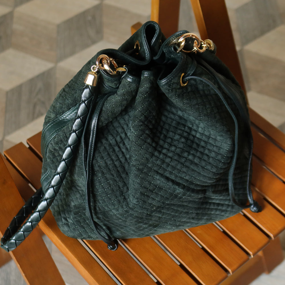 Bottega Veneta Vintage Dark Green Intrecciato Weave Braided Strap Bucket Bag