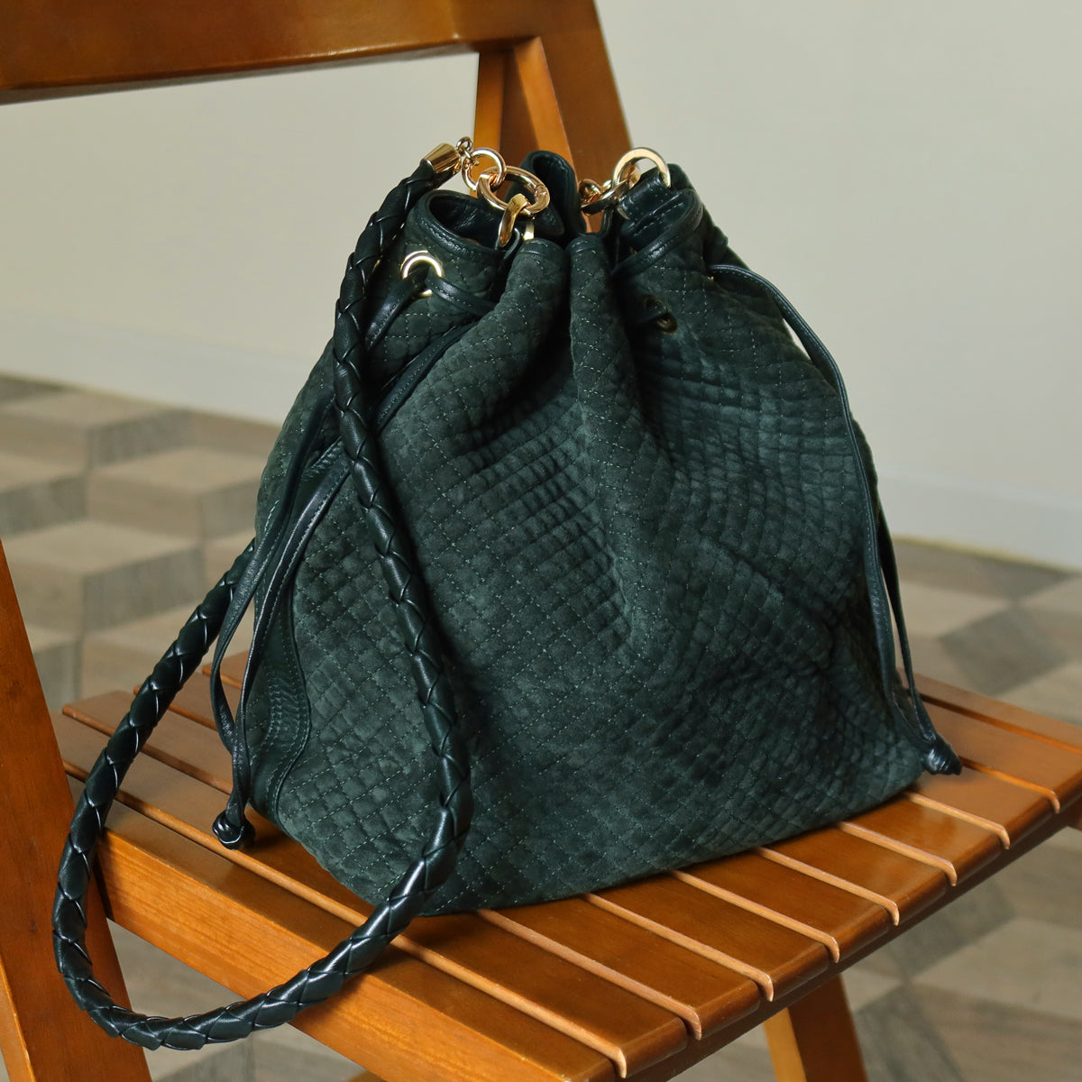 Bottega Veneta Vintage Dark Green Intrecciato Weave Braided Strap Bucket Bag