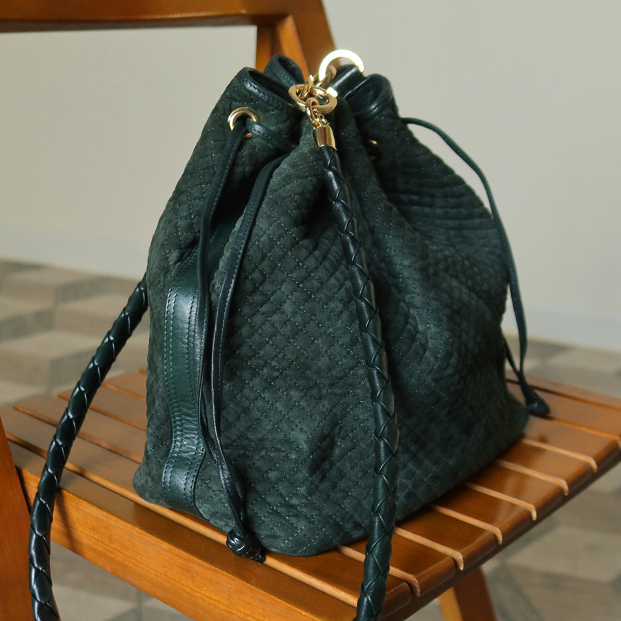 Bottega Veneta Vintage Dark Green Intrecciato Weave Braided Strap Bucket Bag