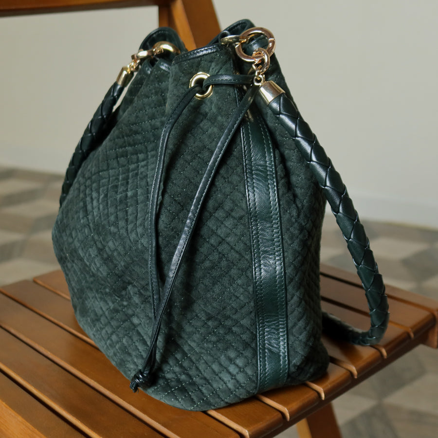 Bottega Veneta Vintage Dark Green Intrecciato Weave Braided Strap Bucket Bag