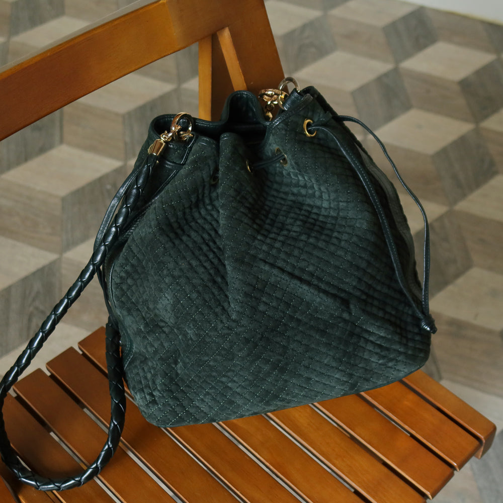 Bottega Veneta Vintage Dark Green Intrecciato Weave Braided Strap Bucket Bag
