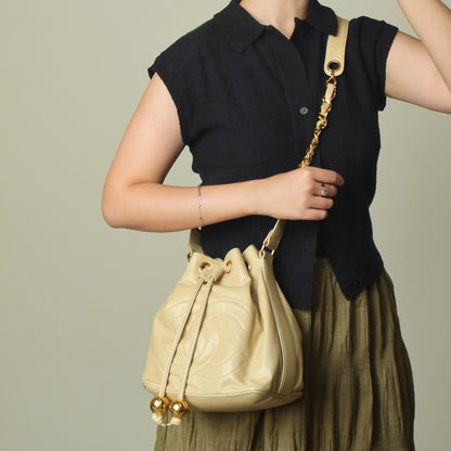 Chanel Vintage Beige Lambskin Coco mark Gold Ball Charm Crossbody Bucket Bag