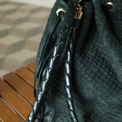 Bottega Veneta Vintage Dark Green Intrecciato Weave Braided Strap Bucket Bag