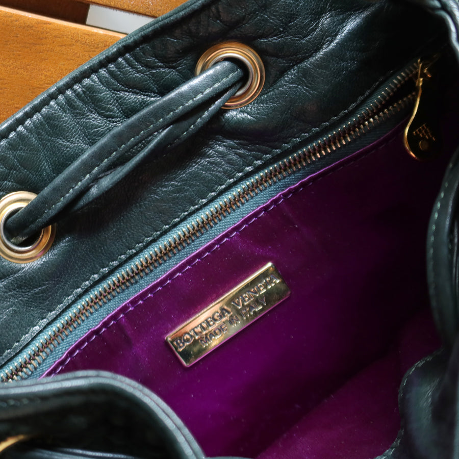 Bottega Veneta Vintage Dark Green Intrecciato Weave Braided Strap Bucket Bag