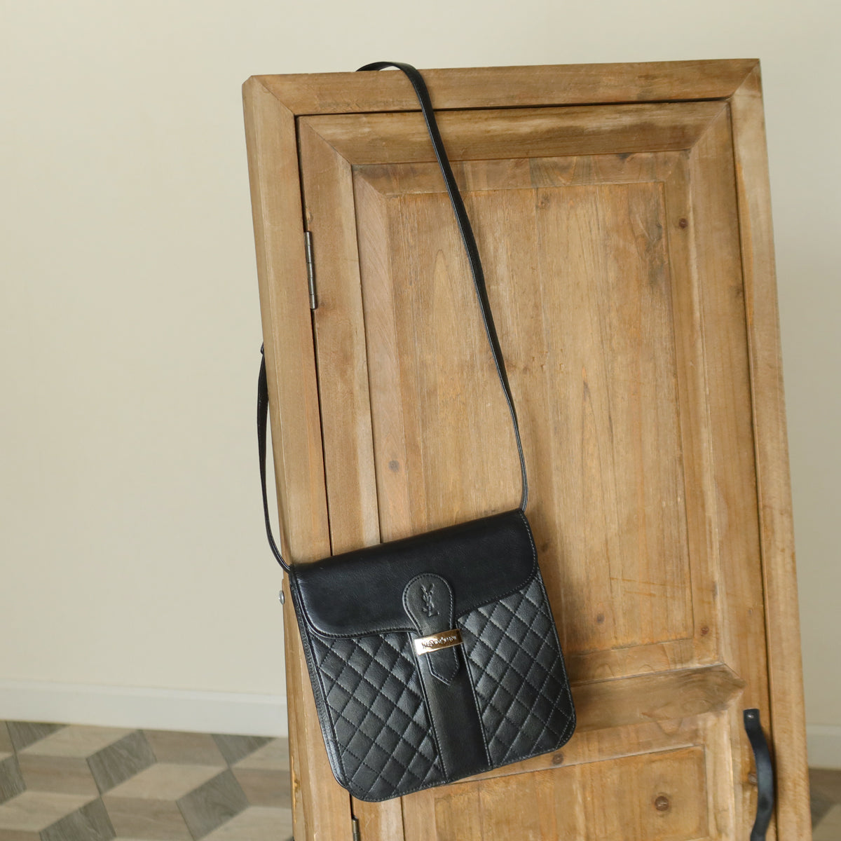 Yves Saint Laurent YSL Vintage Black Leather Quilted Gold Buckle Shoulder Flap bag S