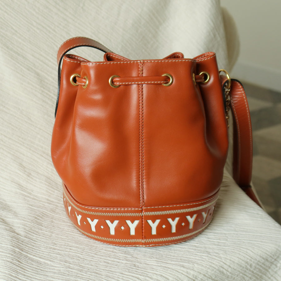 YSL Vintage Terracotta Brown Leather Bucket Shoulder Bag with YSL logo charm