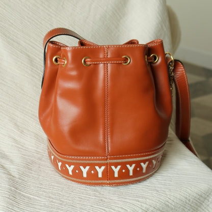 YSL Vintage Terracotta Brown Leather Bucket Shoulder Bag with YSL logo charm