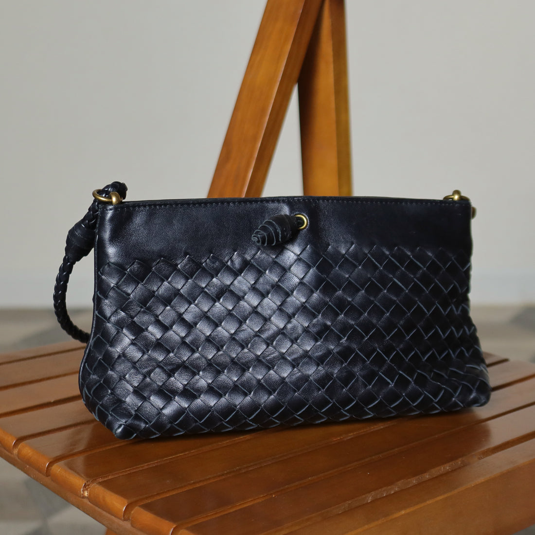 Bottega Veneta Vintage Black Intrecciato Weave Pochette Clutch Shoulder Bag