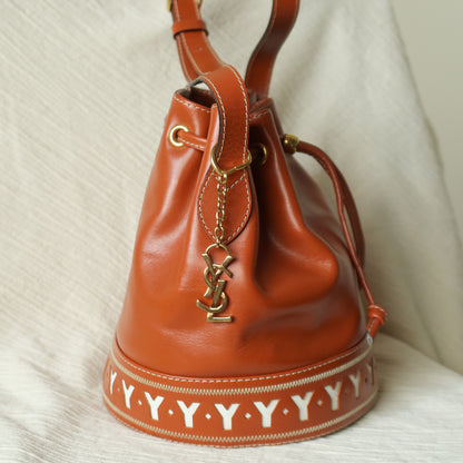 YSL Vintage Terracotta Brown Leather Bucket Shoulder Bag with YSL logo charm