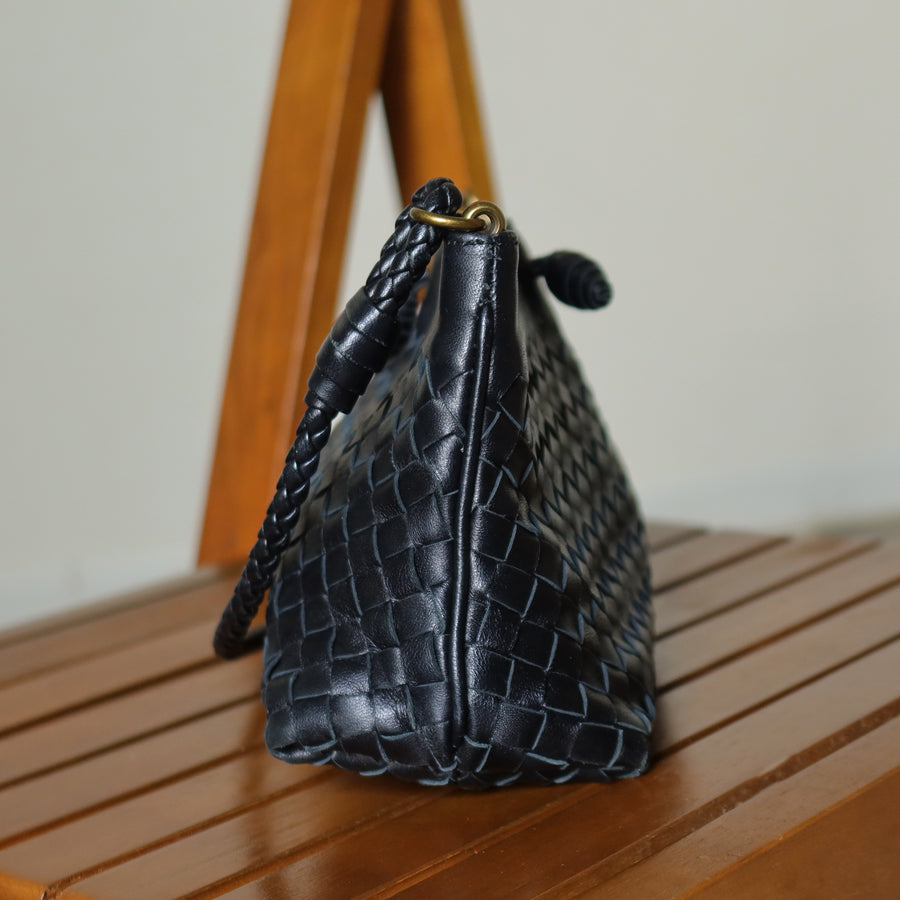 Bottega Veneta Vintage Black Intrecciato Weave Pochette Clutch Shoulder Bag