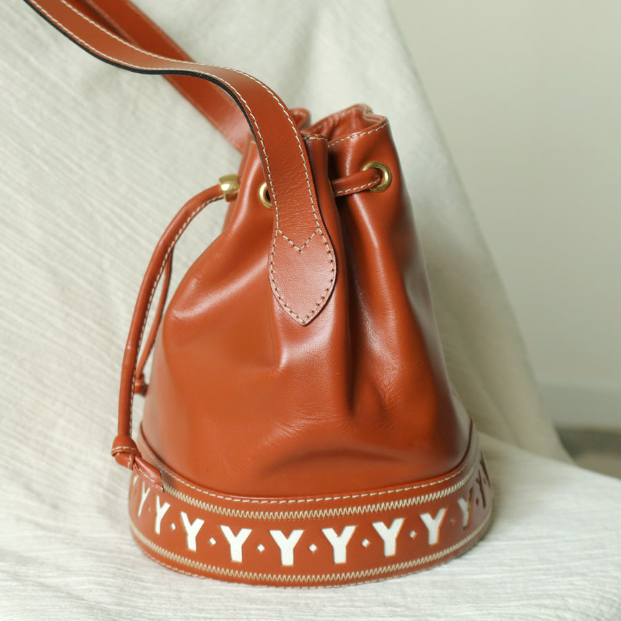 YSL Vintage Terracotta Brown Leather Bucket Shoulder Bag with YSL logo charm