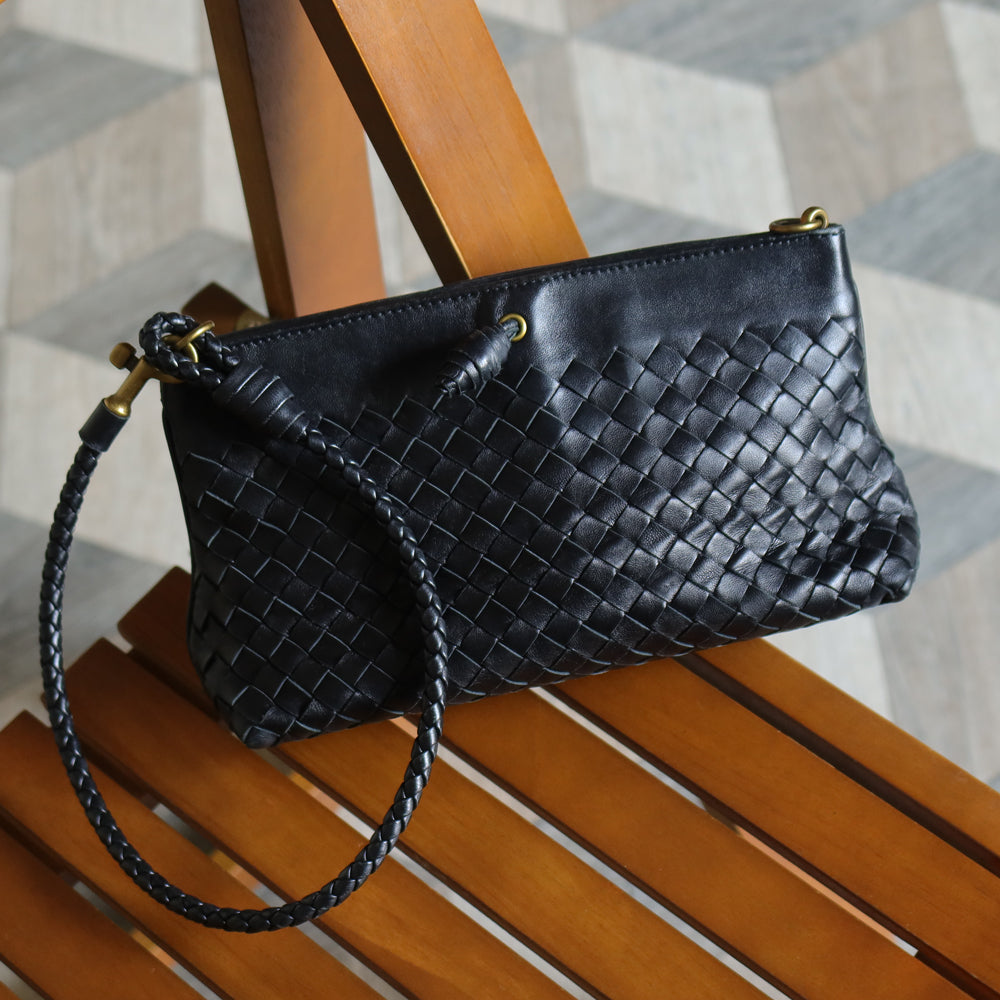 Bottega Veneta Vintage Black Intrecciato Weave Pochette Clutch Shoulder Bag