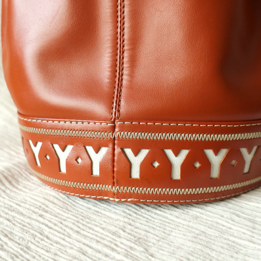 YSL Vintage Terracotta Brown Leather Bucket Shoulder Bag with YSL logo charm