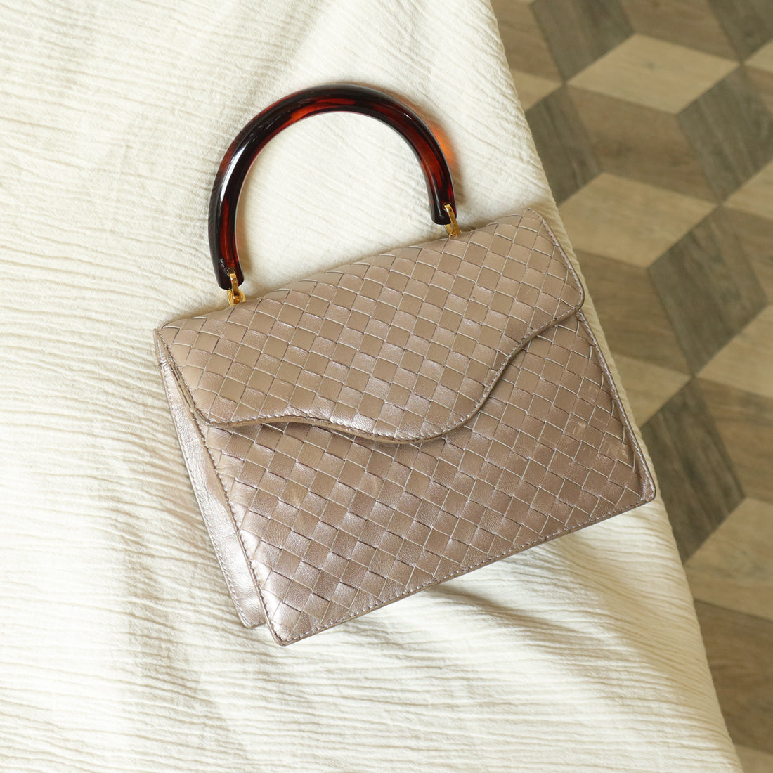 Bottega Veneta Vintage Shimmery Taupe Brown Intrecciato Leather 2way Mini Flap Bag