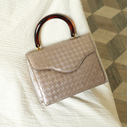 Bottega Veneta Vintage Shimmery Taupe Brown Intrecciato Leather 2way Mini Flap Bag