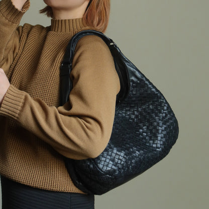 Bottega Veneta Vintage Black Leather Intrecciato Campana Hobo Shoulder Bag N