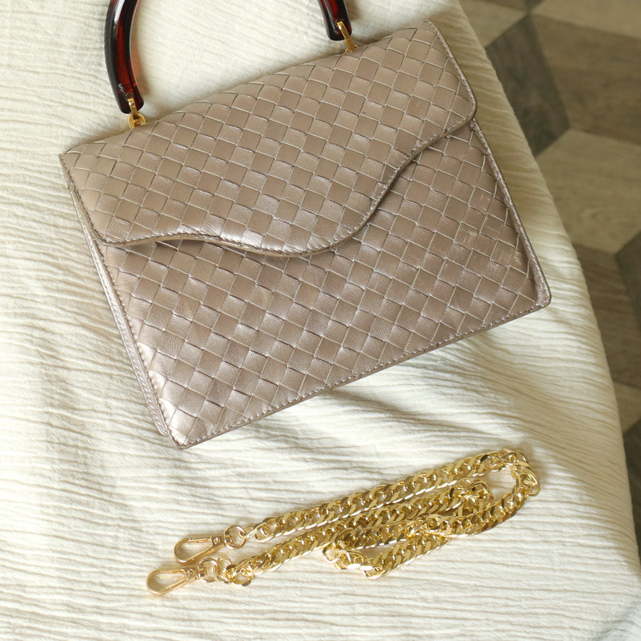 Bottega Veneta Vintage Shimmery Taupe Brown Intrecciato Leather 2way Mini Flap Bag