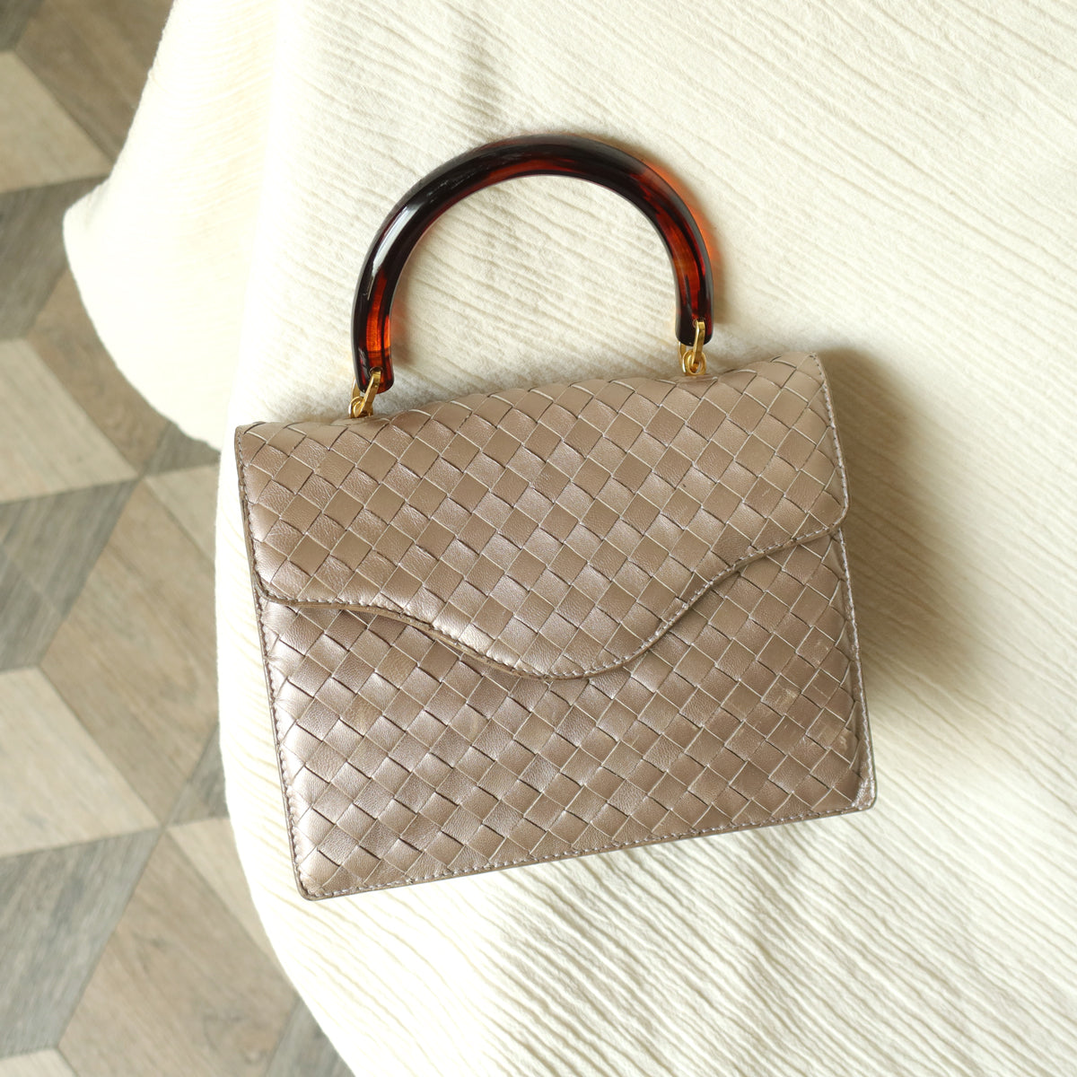 Bottega Veneta Vintage Shimmery Taupe Brown Intrecciato Leather 2way Mini Flap Bag
