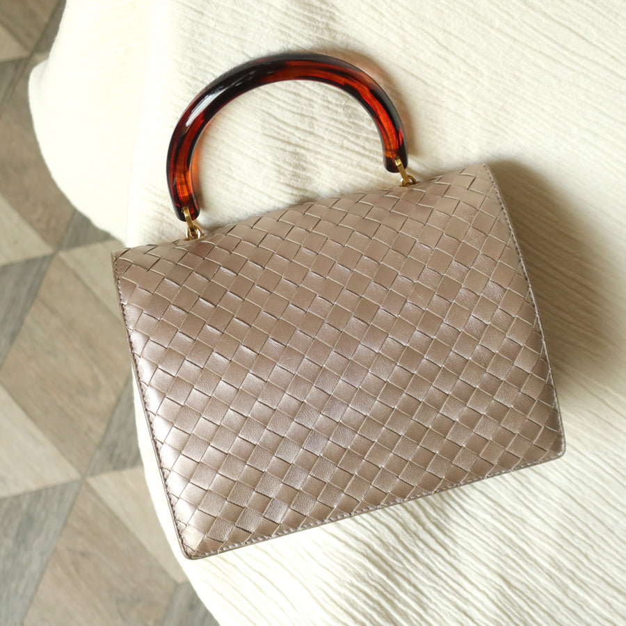 Bottega Veneta Vintage Shimmery Taupe Brown Intrecciato Leather 2way Mini Flap Bag