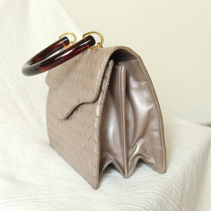 Bottega Veneta Vintage Shimmery Taupe Brown Intrecciato Leather 2way Mini Flap Bag