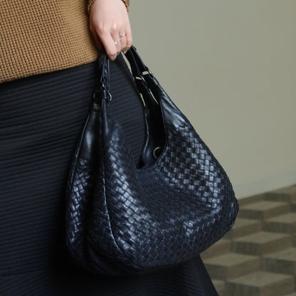 Bottega Veneta Vintage Black Leather Intrecciato Campana Hobo Shoulder Bag N