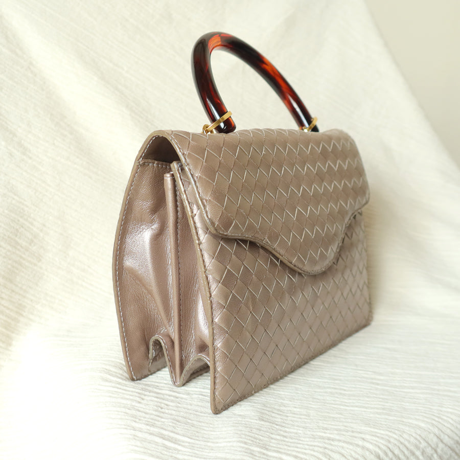 Bottega Veneta Vintage Shimmery Taupe Brown Intrecciato Leather 2way Mini Flap Bag