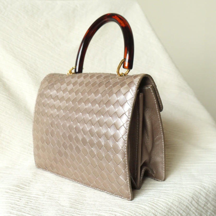 Bottega Veneta Vintage Shimmery Taupe Brown Intrecciato Leather 2way Mini Flap Bag