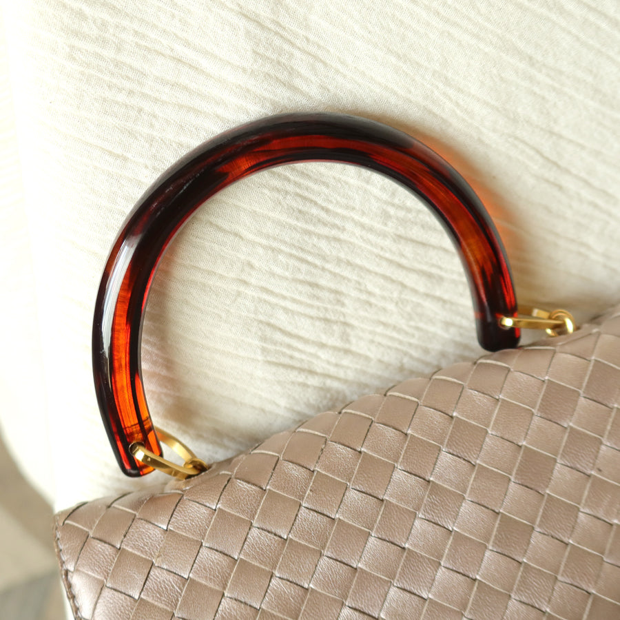 Bottega Veneta Vintage Shimmery Taupe Brown Intrecciato Leather 2way Mini Flap Bag