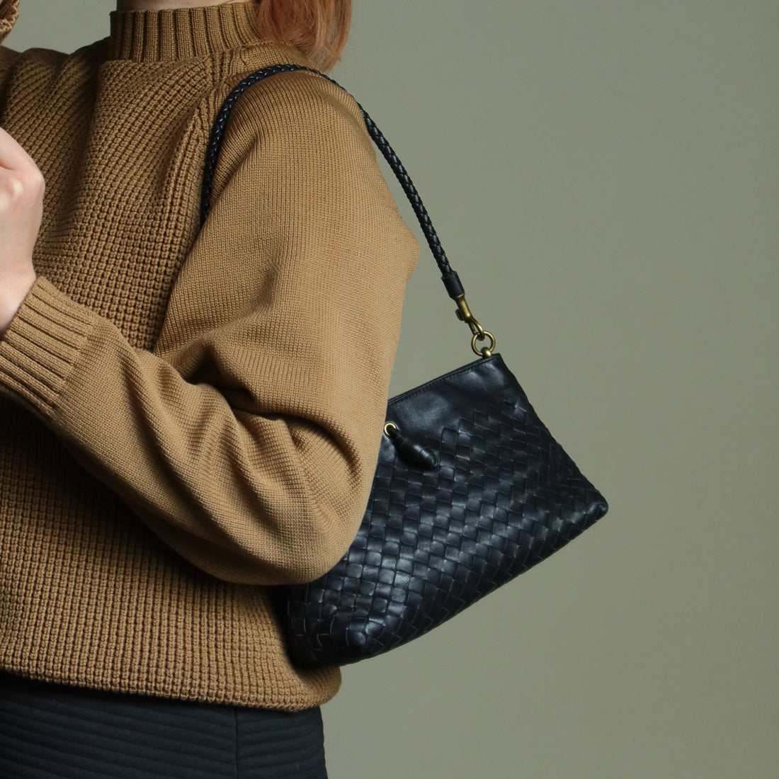 Bottega Veneta Vintage Black Intrecciato Weave Pochette Clutch Shoulder Bag