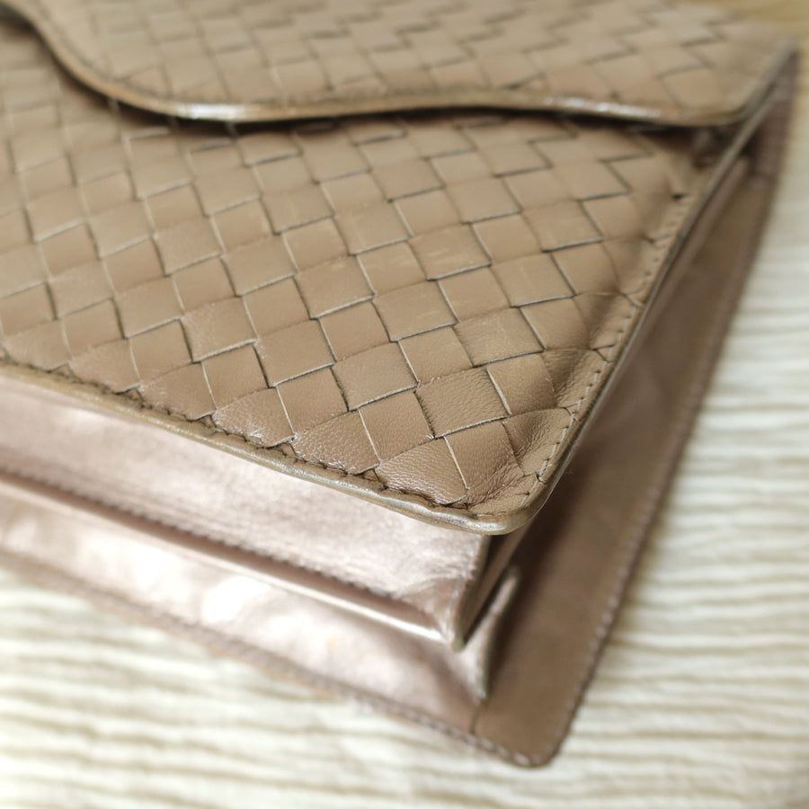 Bottega Veneta Vintage Shimmery Taupe Intrecciato Leather 2way Mini Flap Bag