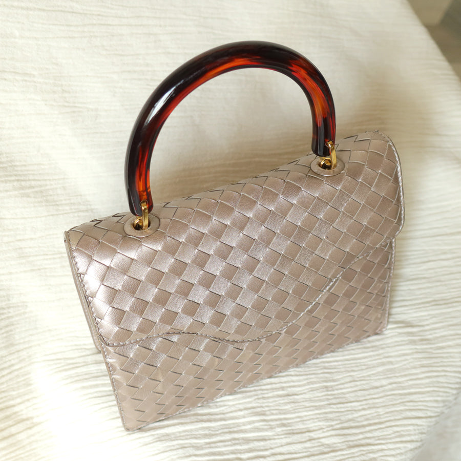 Bottega Veneta Vintage Shimmery Taupe Brown Intrecciato Leather 2way Mini Flap Bag