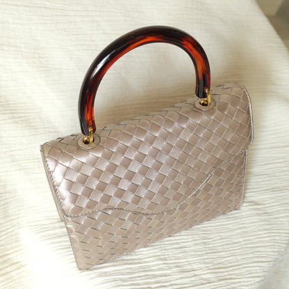 Bottega Veneta Vintage Shimmery Taupe Brown Intrecciato Leather 2way Mini Flap Bag