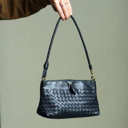 Bottega Veneta Vintage Black Intrecciato Weave Pochette Clutch Shoulder Bag