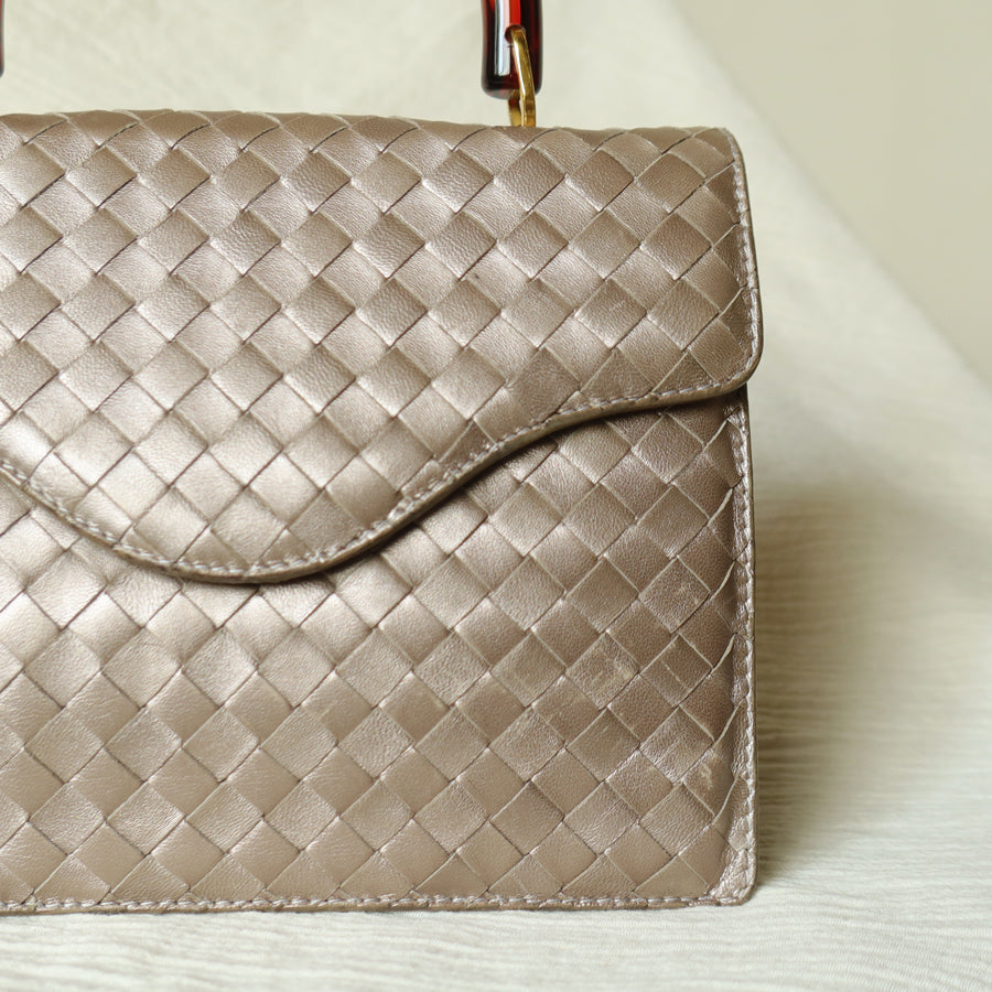 Bottega Veneta Vintage Shimmery Taupe Brown Intrecciato Leather 2way Mini Flap Bag
