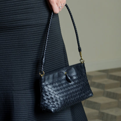 Bottega Veneta Vintage Black Intrecciato Weave Pochette Clutch Shoulder Bag