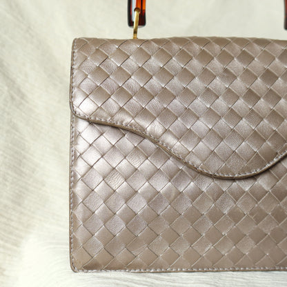 Bottega Veneta Vintage Shimmery Taupe Brown Intrecciato Leather 2way Mini Flap Bag