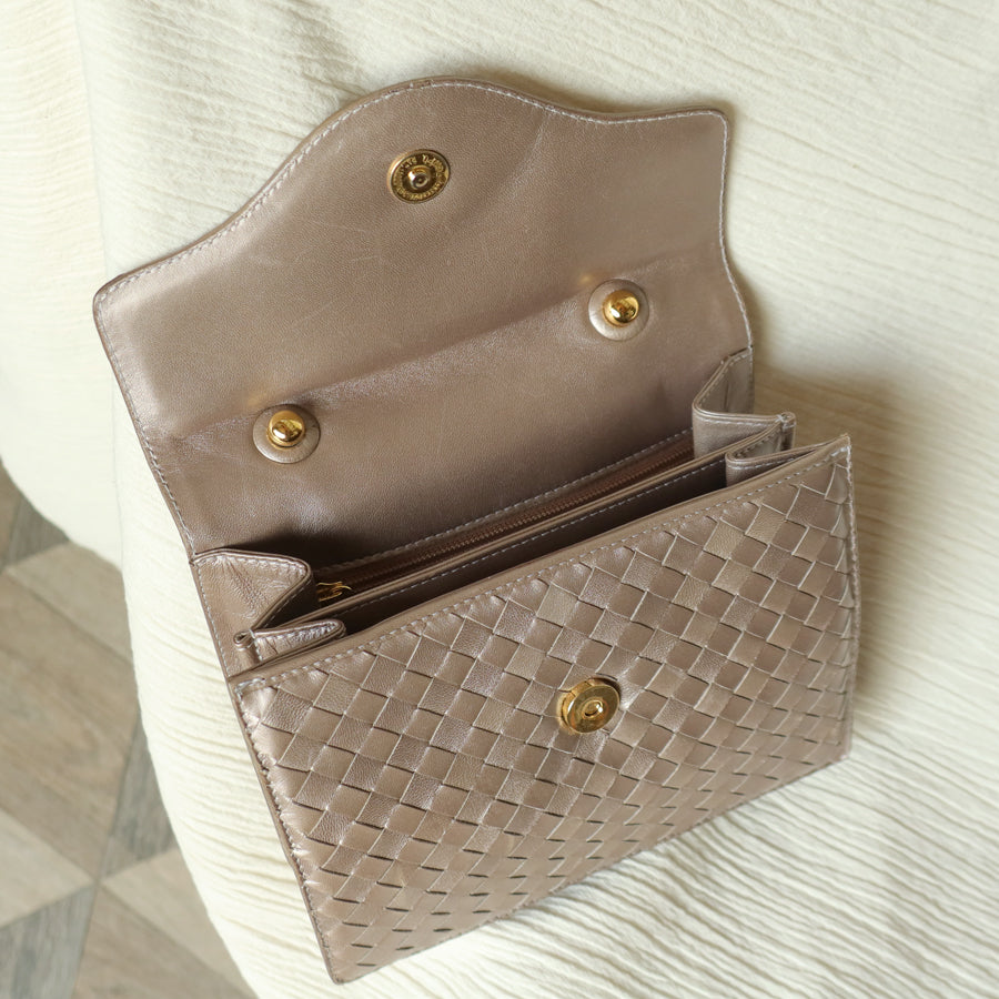 Bottega Veneta Vintage Shimmery Taupe Brown Intrecciato Leather 2way Mini Flap Bag