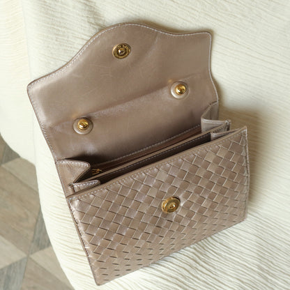 Bottega Veneta Vintage Shimmery Taupe Brown Intrecciato Leather 2way Mini Flap Bag