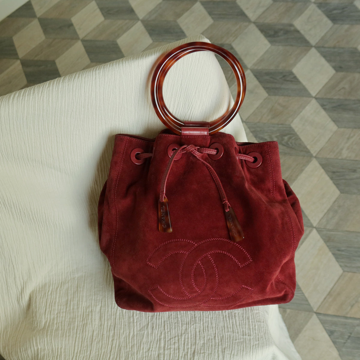 Chanel Vintage Auburn Red Suede Draw string Stitched CC Tortoiseshell Weekend Bag