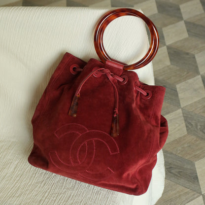 Chanel Vintage Auburn Red Suede Draw string Stitched CC Tortoiseshell Weekend Bag